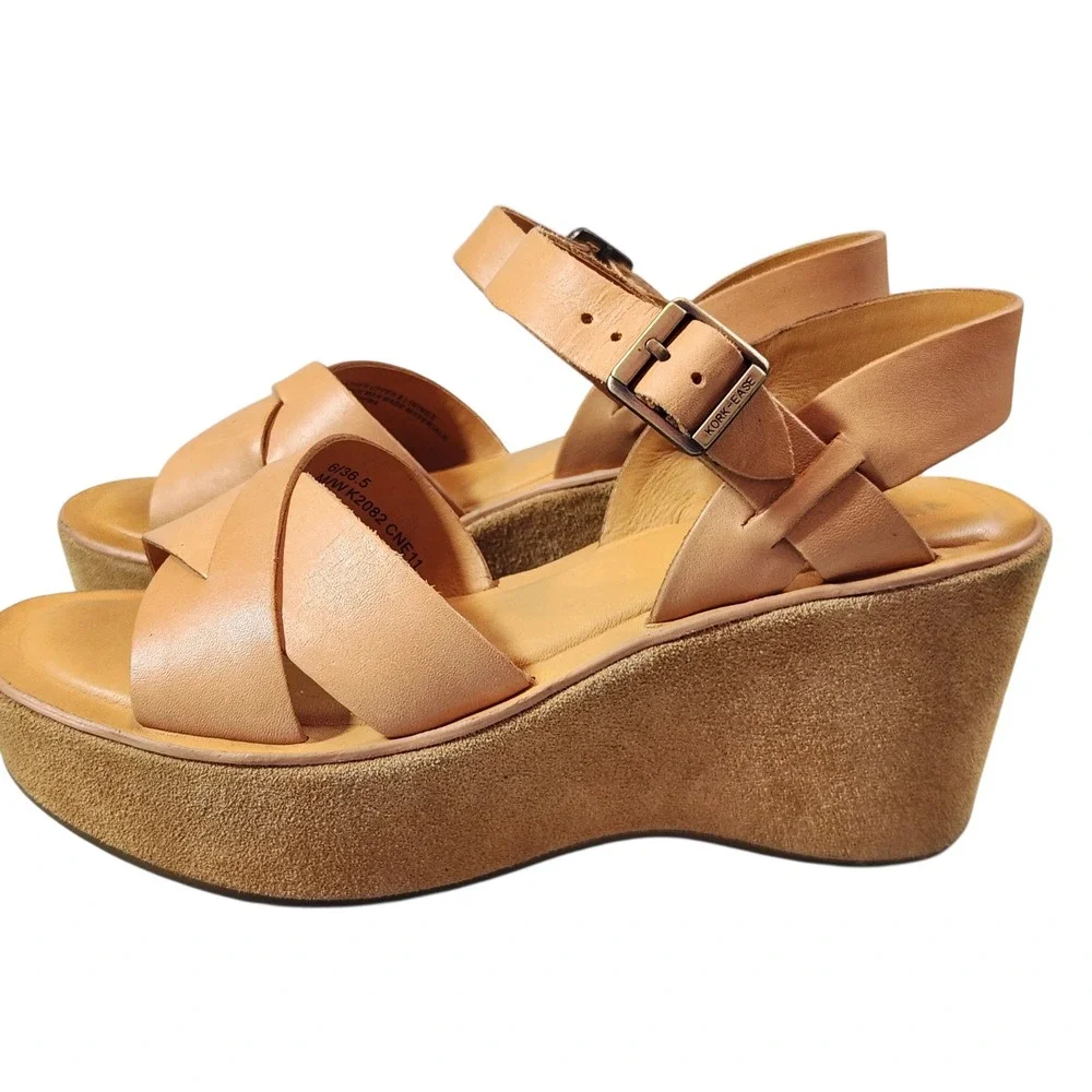 Kork-Ease CNE11 Platform Wedge Sandals Womens 6 Tan Leather Crisscross Strappy